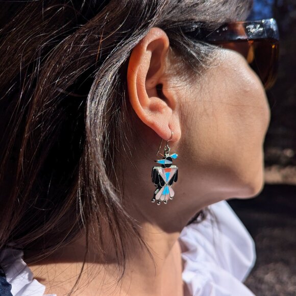 Genuine Native American Earrings Zuni Handmade Jewelry Thunderbird Design ***‎ - Picture 6 of 12